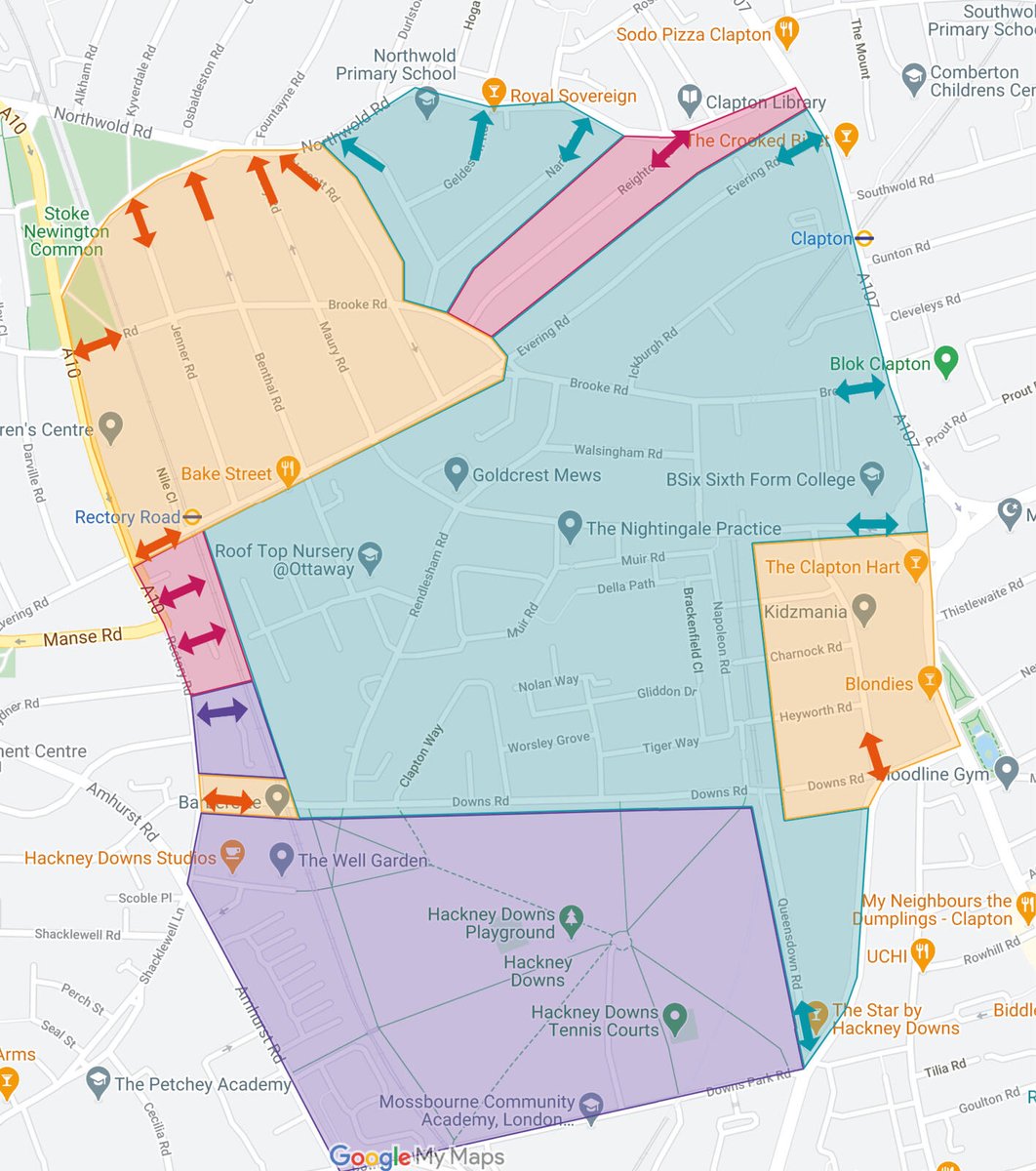 This map shows how it works. Whichever coloured zone of the map you live in, you can get to your home by driving via the arrows of the same colour. But you can't cross from one coloured zone to another – and neither can through traffic (7/11)