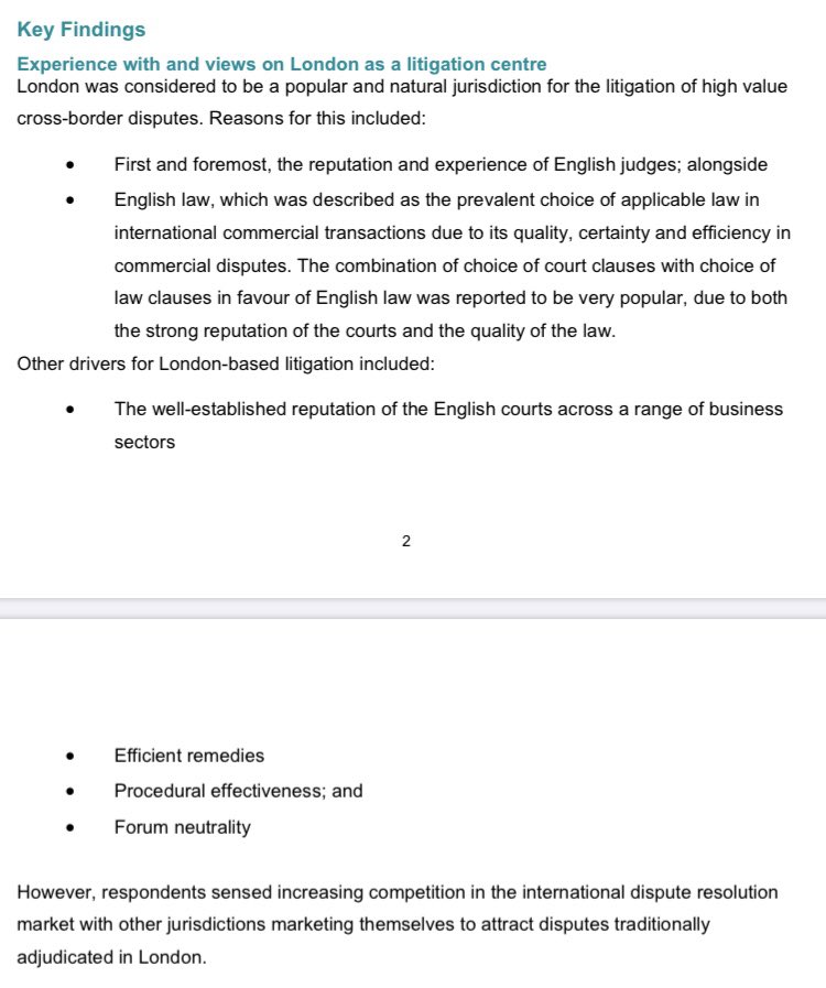 UK Ministry of Justice 2016 survey found UK is the most expensive place for foreign commercial litigation. Because UK lawyers are expensive. But it’s still most popular. Because foreign litigants want rule of law. 5/