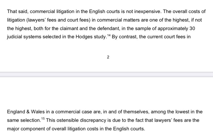 UK Ministry of Justice 2016 survey found UK is the most expensive place for foreign commercial litigation. Because UK lawyers are expensive. But it’s still most popular. Because foreign litigants want rule of law. 5/