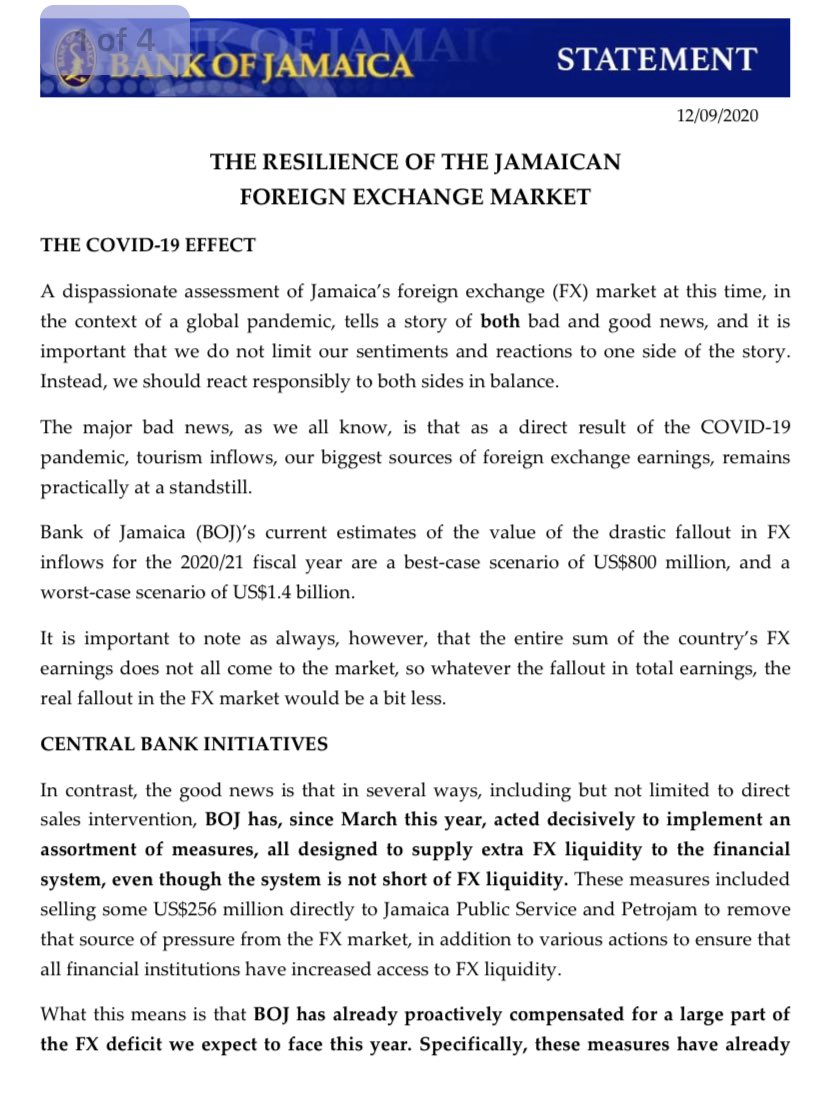 BREAKING:  @CentralBankJA has issued a statement on the state of the FX market. It’s actually a relatively easy read, as far as central bank releases go. Read it here -  http://www.boj.org.jm/uploads/news/boj_statement_on_the_fx_market_final.pdfI highlight a few things below. #FinanceTwitterJA//Mini Thread