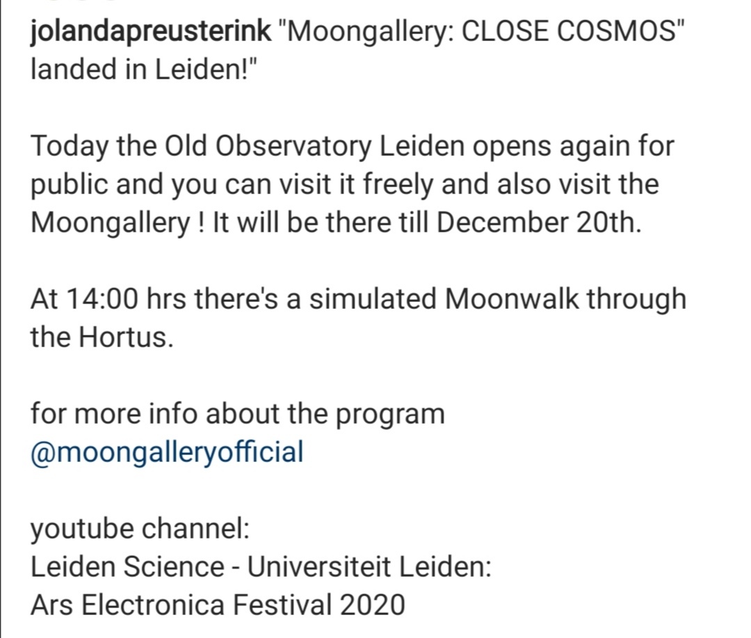 JWPreusterink's tweet image. #Moongallery &quot;CLOSE COSMOS&quot; has landed in Leiden! You can visit it freely. 
Today the observatory will open again for public at 14:00. 

#LEIDENObservatory #arselectronica2020 #science #Art #SpaceArt #Workshop #ESA #moon #spaceartists #moonlander #astronomy #spaceexploration