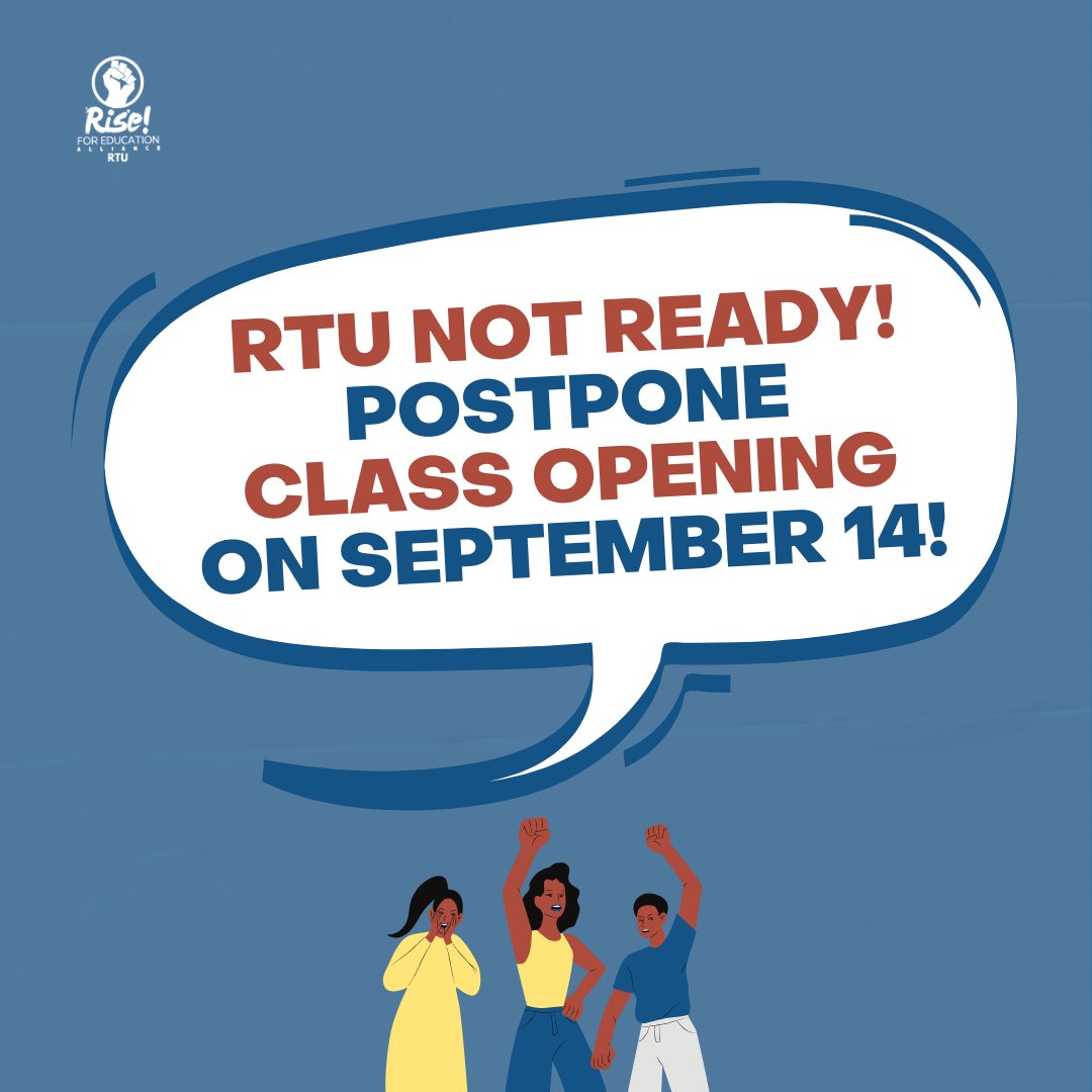 R4ERTU's tweet photo. #RTUNotReady

“Manipestasyon na maging ang unibersidad ay hindi pa handa sa bagong porma ng edukasyon. Huwag nating ipilit ang kabalintunaang ito, mag-postpone ng klase, pakinggan at solusyonan ang hinaing ng mga estudyante.”

BUONG PAHAYAG: https://t.co/K9zYAVs2p5 https://t.co/7Pnb0zHcr7