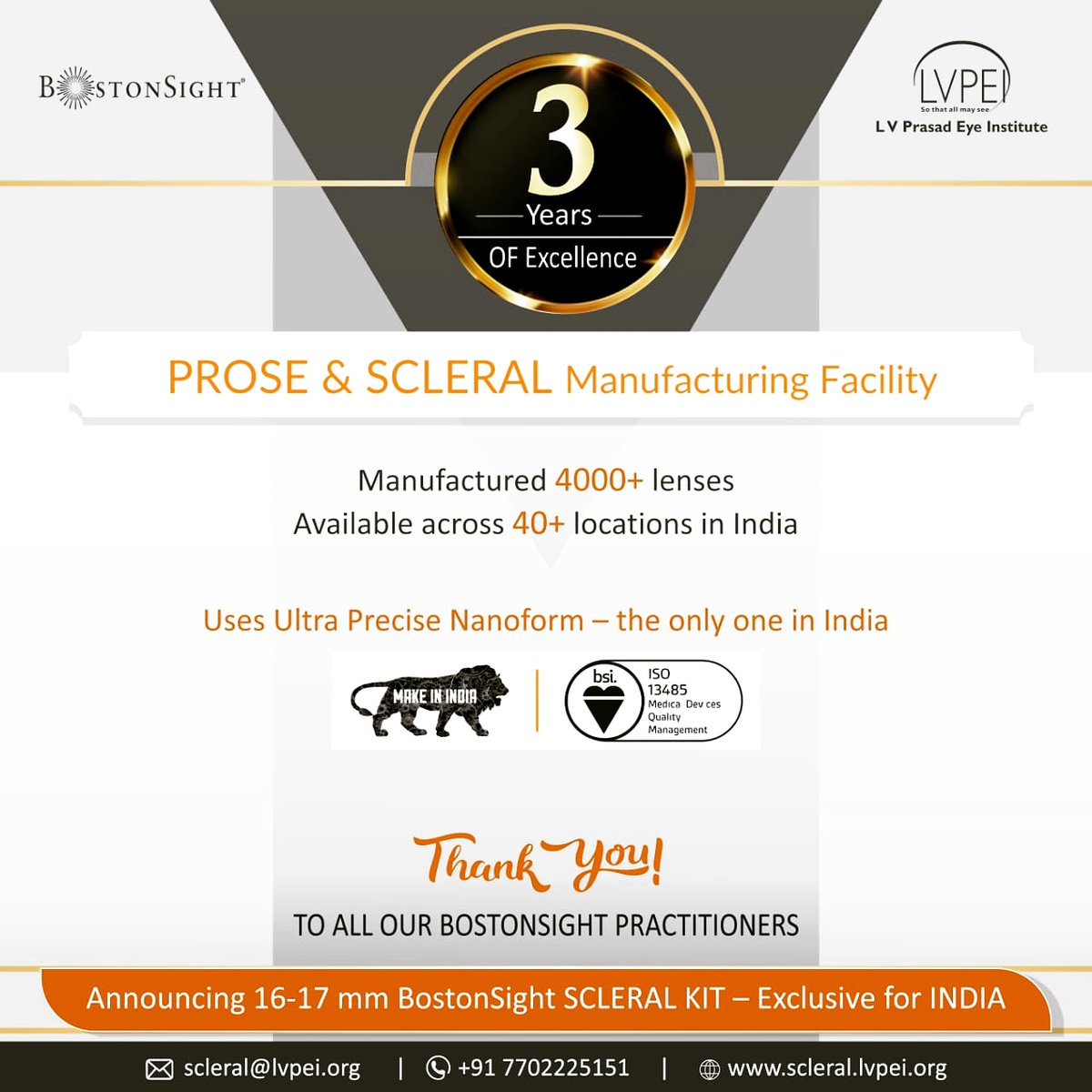 3 years of #LVPEI-BostonSight Lens Manufacturing Lab! #Lenses that restore #visual function, support healing, and reduce symptoms, avoid corneal transplantation in some cases and improve quality of life for patients.
<a href="/BostonSight/">BostonSight</a>
Know more: scleral.lvpei.org