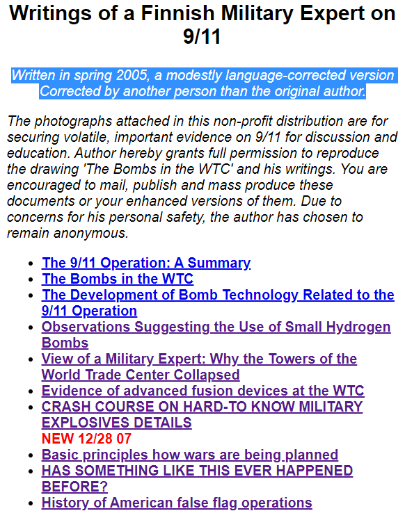 It is unclear exactly when FME’s writings went public but we know his writings were first posted on a Finnish-language site  http://www.11syyskuu.org&nbsp; & an English translation was written in spring 2005 so it seems at very least Finnish version online sometime before spring 200543/
