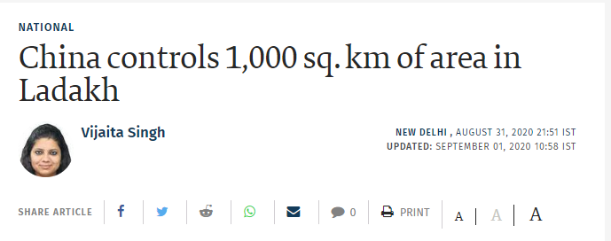 As per The Hindu, India has effectively lost 1000 sq km in Ladakh.