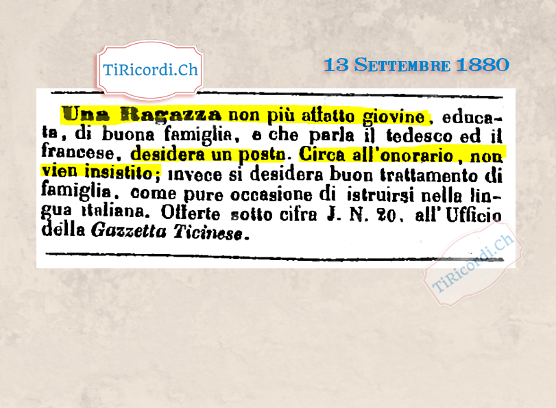 RicordiTi's tweet photo. 13 Settembre 1880: Annuncio di lavoro di #140anni fa di una "ragazza non più affatto giovine".
#storia #ticino #cultura #retro #svizzera #vintagestyle #swiss #lugano #locarno #classic #antique #tiricordi #art #photooftheday #history https://t.co/LUfpxc3rRm