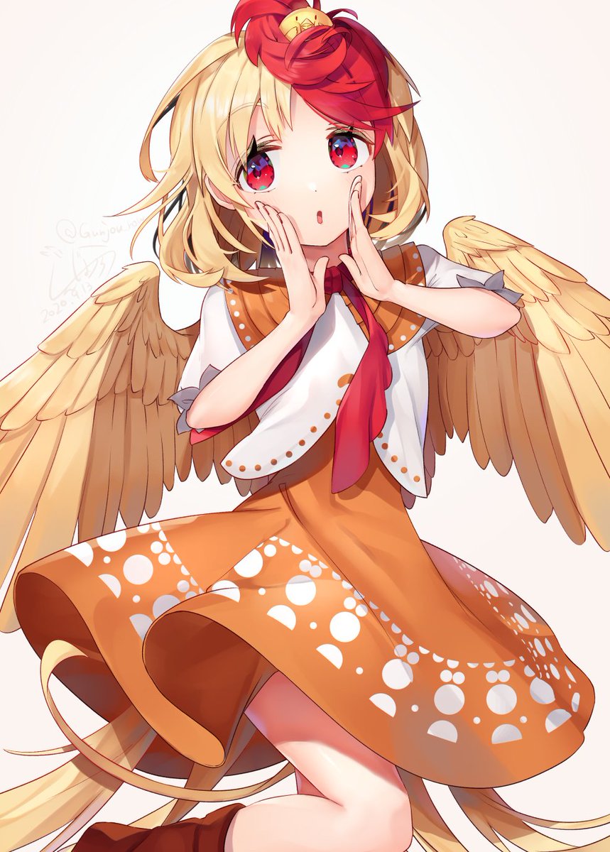 niwatari kutaka 1girl blonde hair wings animal on head on head red eyes red hair  illustration images