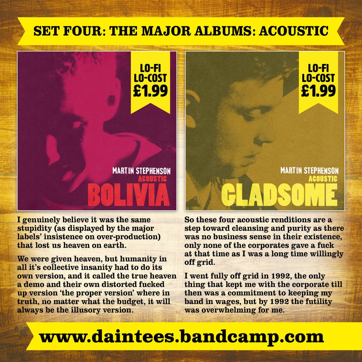 "Bolivia Acoustic" & "Gladsome Acoustic" (Both 2011)Following on from yesterday's tweet here's a few more words from me about the acoustic versions of the four major label releases. More tomorrow ... http://daintees.bandcamp.com 