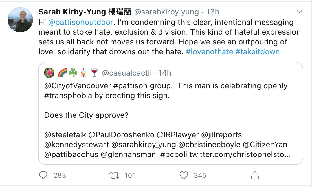 A billboard stating 'I  JK Rowling' went up in Vancouver on Friday last week. It was removed the next day following complaints. City councillor Sarah Kirby-Young claimed that the billboard's "clear, intentional messaging" was "meant to stoke hate, exclusion and division".