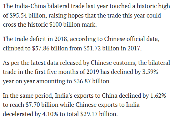 So, are there any economic factors at play to lend credence to this assertion. Trade is about to cross 100 B mark which is skewed in favor of China. Delhi is really concerned about this trade deficit and its concomitant industrial dependence upon China.
