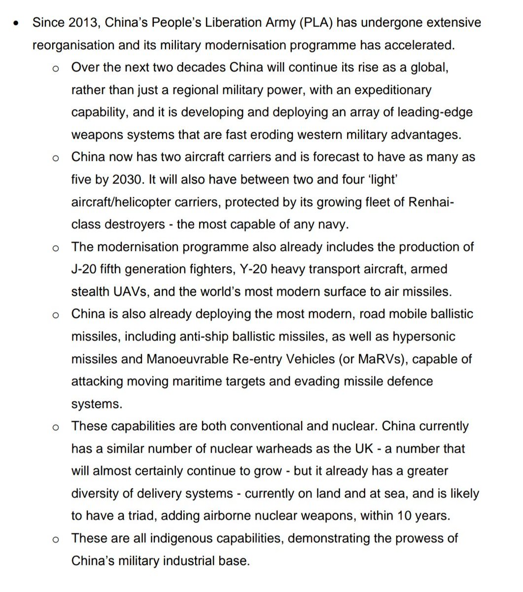 UK chief of defence intelligence: China "is developing and deploying an array of leading-edge weapons systems that are fast eroding western military advantages". Says Renhai-class destroyer is "the most capable of any navy", and China will have a nuclear triad "within ten years"