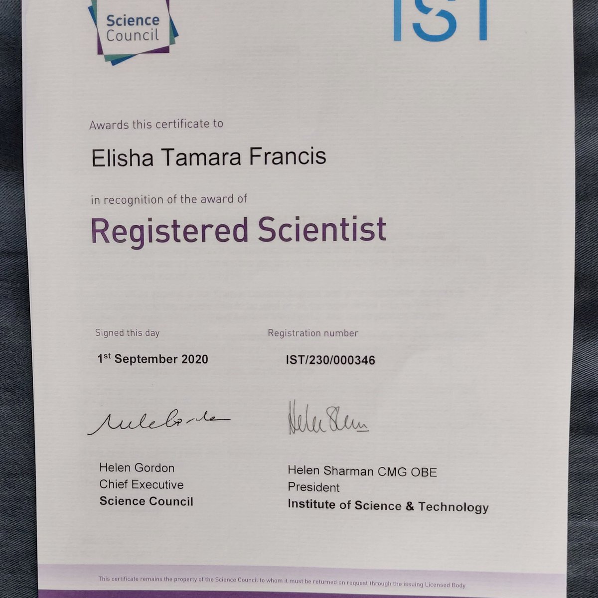 While in quarantine I decided to better myself and think about my future. Now I can use designatory letters MIScT RSci at the end of my name. I'm very happy. 😁 Thank you #IST <a href="/jiteenahmed/">Jiteen Ahmed</a> and thank you <a href="/Science_Council/">Science Council</a> for your helpful zoom meetings.