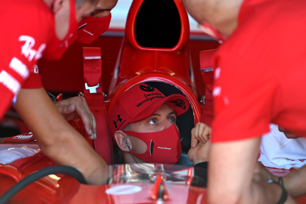ScuderiaFerrari's tweet photo. Look who’s sitting in the #F2004 🤩 more to come before the start of the #TuscanGP 😎 @SchumacherMick 
#essereFerrari🔴 #SF1000GP https://t.co/CZQF1cUsWF
