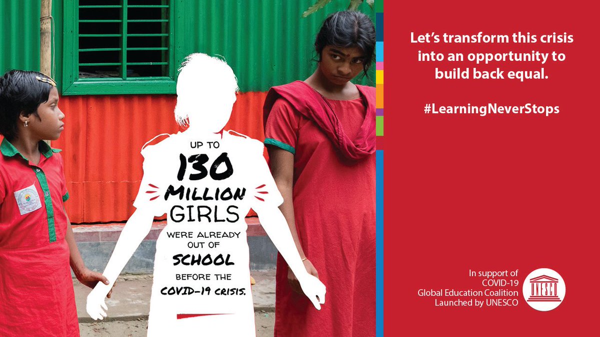 UN_Women's tweet photo. 130 million girls were out of school before the #COVID19 crisis.

Join us and speak out to ensure that #LearningNeverStops for every girl. Here's what you can do: https://t.co/3HmwwXWjAN v @UNESCO https://t.co/SIrObeFrQs