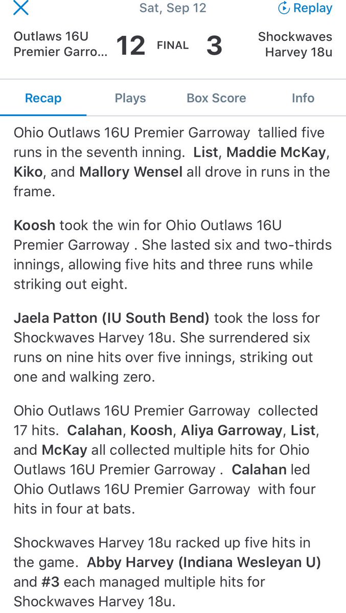 16u_Garroway's tweet photo. Final 12-3 v Shockwaves Harvey. WP @sydneekoosh(6.2ip,8k) @CalahanMckenna(4-4, 2 2B,rbi) Koosh(2-4, 2 2Bs,2rbis), @PaytonList2022(2-4,2rbi) @MaddieMckay2022(2-4,rbi) @faith_kiko(2B, 2rbi), @aliya_garroway(2-3,rbi) @WenselMallory (2rbi) @CoachJexx_RMU @JoeAbraham1010 @YSUSoftball https://t.co/kx5v6zIWrG