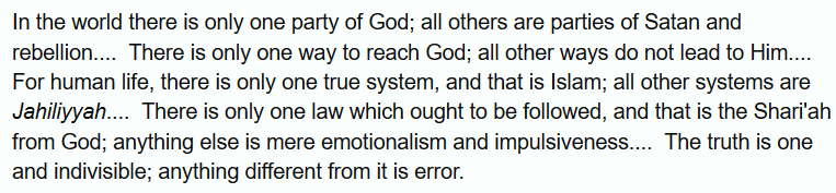 that fuelled his desire to change society and the world, to achieve "total harmony between human life and the law of the universe", the latter naturally being identified with the word of Allah as revealed in the Qur'an and the hadith. For Qutb, Islam brooked no competitors:/9