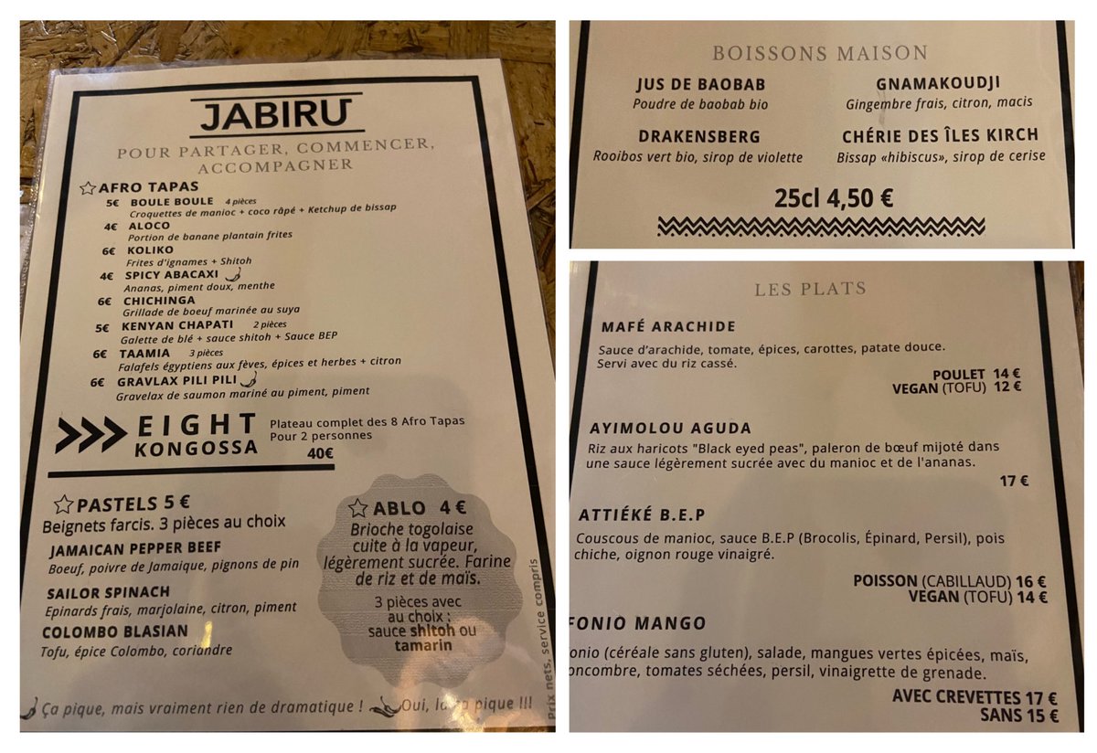 83- Jabiru Café vers Gallia -> africain (jsp le pays exact :()Le poulet est halal + les boissons maison trooop bonnes (celle à l’hibiscus >>>)Les plats sont entre 12-18€, sinon y’a les Afro tapas ds les 5-8€ (cf photo)