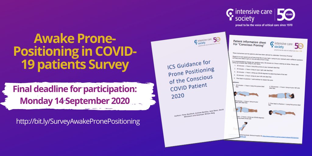 ICS_updates's tweet photo. 🚨ATTENTION 🚨 

1 day to go to participate in the 'Awake Prone Positioning in #COVID19 patients survey .

⌛Deadline: Monday 14 September 2020
👉https://t.co/fk9tyWqFI8 https://t.co/23ynahBd5b