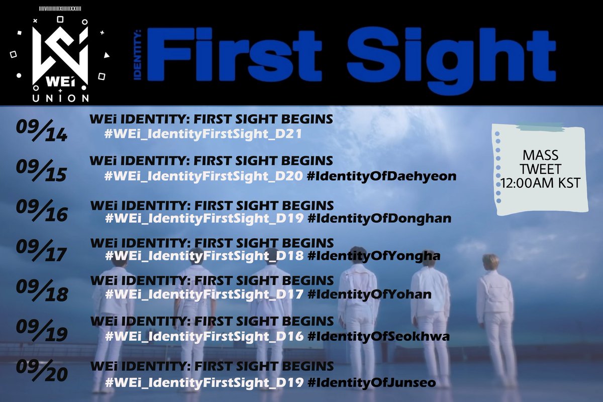 WEi_Union's tweet photo. [MASS TWEET NOTICE]

Refer to the poster below for our daily tagline &amp; hashtags. Starts on September 14 at 12:00 AM KST. Please be guided accordingly.

Don't forget to tag @WEi__Official
@WEi__Member on your tweets to increase their Social Metrics!

#WEi #위아이 https://t.co/dxCS0OSsGU
