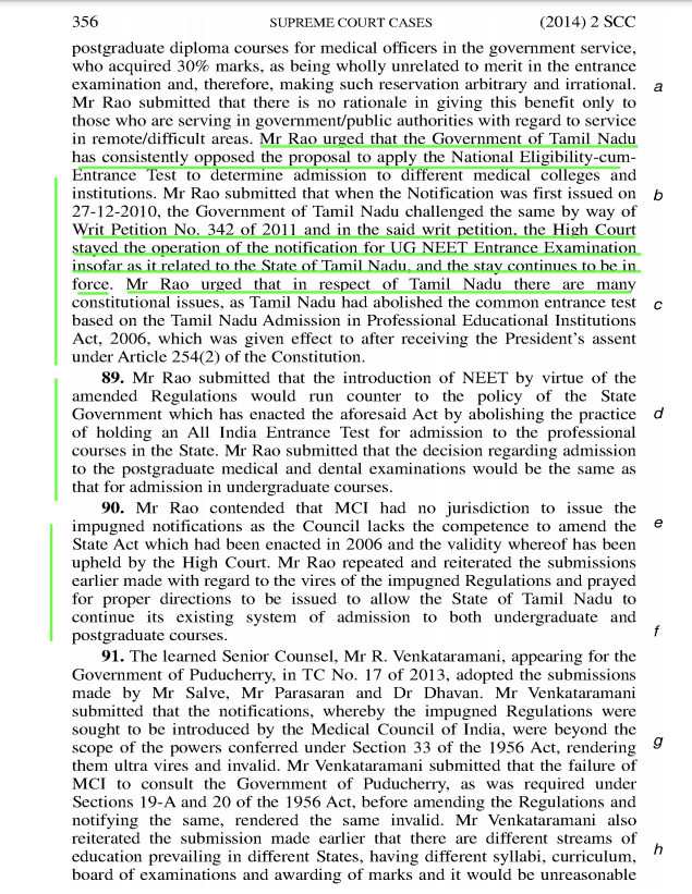 பெற்ற சட்டம் என்றும்,W.P. No.342 of 2011 வழக்கு பற்றியும் அதில் குறிப்பிட்டு இருந்தார்.தமிழ்நாட்டுக்கு நீட் அப்ளை ஆகாது என்றும் வாதாடினார். தமிழக அரசும் தனியார் கல்லூரிகளும் நடத்திய அந்த வழக்கில் தான் நீங்கள் குறிப்பிட்டிருக்கும் 18.07.2013 தீர்ப்பு வந்தது.(6/11)