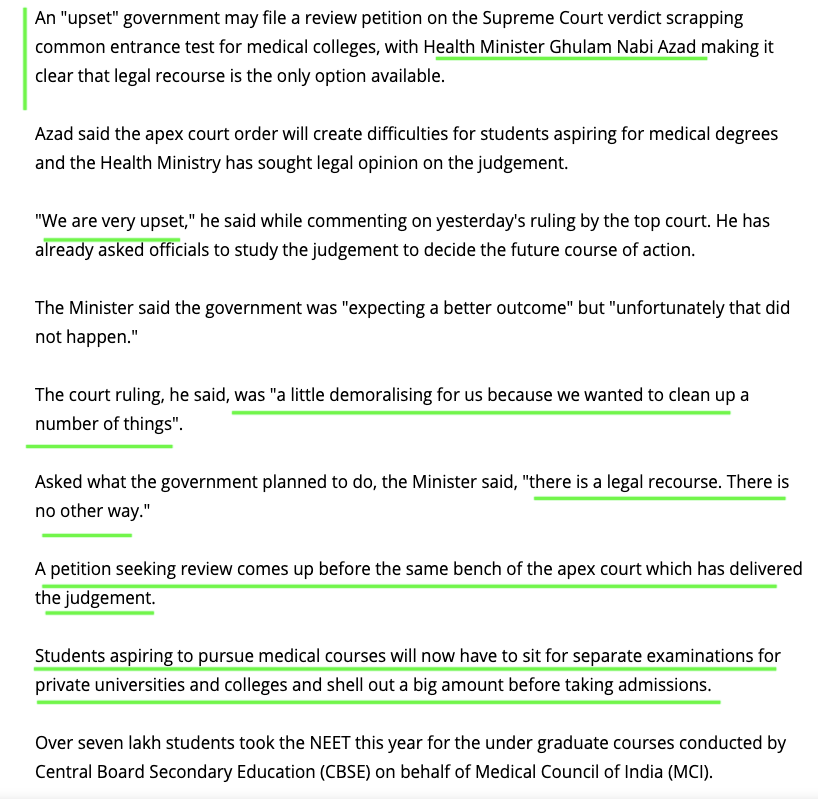 அப்போது திமுக ஆட்சியில் இல்லை. ஆனால் மத்தியில் காங்கிரஸ்- திமுக கூட்டணி இருந்தது.அப்போதைய Health Minister குலாம் நபி ஆசாத் "SC தீர்ப்பால் தான் மிகுந்த மனவேதனையில் இருப்பதாகவும், தீர்ப்பை எதிர்த்து Review petition file செய்ய போவதாகவும் தெரிவித்தார்.(7/11)