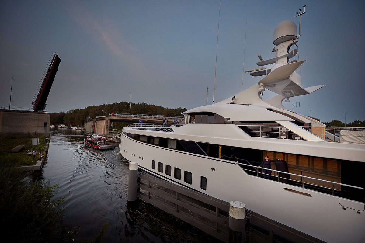 Feadship's tweet image. It’s come and go at #Feadship: just when Feadship #Project706 exited the construction yard in Aalsmeer, Feadship #PI (ex Syzygy 818) was on her way to our #Amsterdam yard for some premium quality maintenance work. Next stop for Project 706 will be her sea trials. Stay tuned!