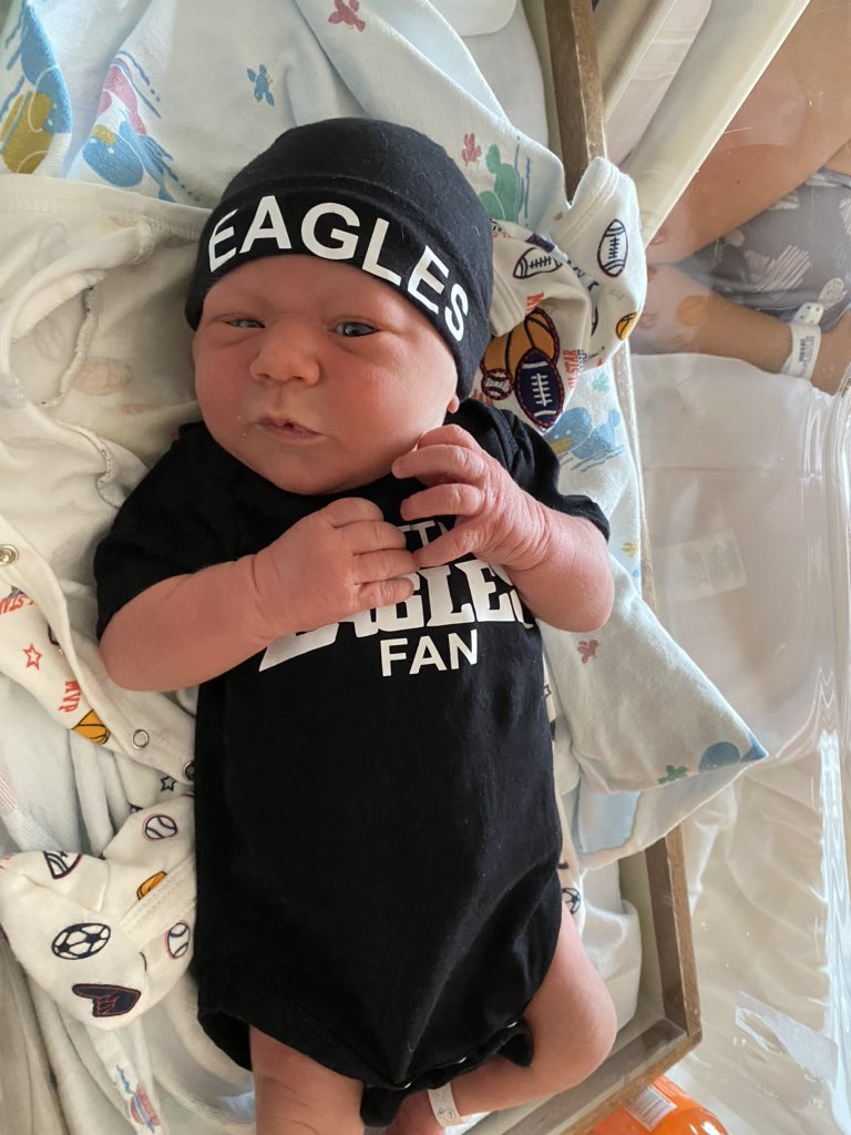 JonDuds8's tweet photo. All geared up for the @Eagles game! @cj_wentz #FlyEaglesFly #babycarson https://t.co/UZWp1278vp