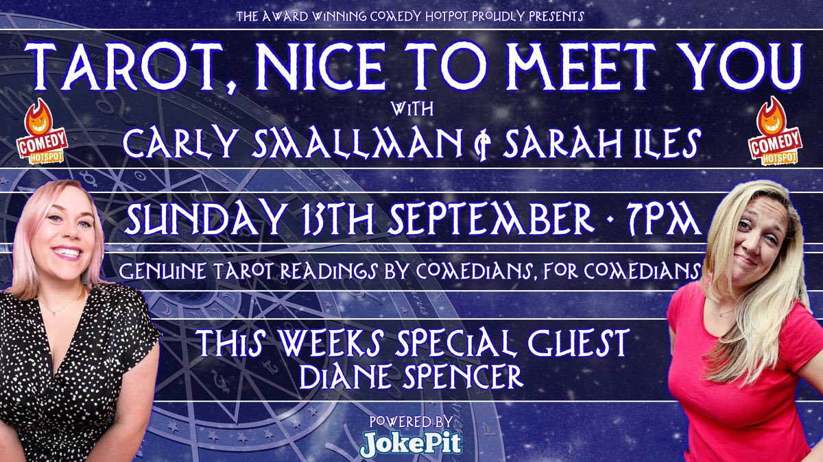 TAROT, NICE TO MEET YOU is a brand new show were comedians give genuine tarot readings to comedians. Join <a href="/carlysmallman/">Carly Smallman</a> and <a href="/Sarahiles82/">Sarah Iles</a> &amp; special guest <a href="/dianespencerfun/">Diane Spencer - YouTube & club comedian</a> on Facebook at this link ➡️ facebook.com/JokePit/videos…⬅️ <a href="/comedy_hotspot/">Comedy HotSpot</a> <a href="/PromoteComedy/">JokePit The Comedy Box Office</a> <a href="/lincsblogger/">Lincolnshire Blogger</a> #tarot