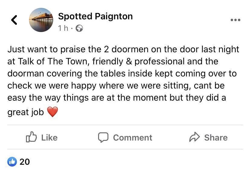 PatronusCourses's tweet image. What a great piece of feedback for our team at Talk of the Town.  A textbook example of a fantastic door team. A massive pat on the back. ⭐️⭐️⭐️⭐️⭐️ #doorsecurity #Wetherspoons #securitydevon #securitytraining #SundayThoughts #paignton #jobwelldone #securityprofessionals #SIA