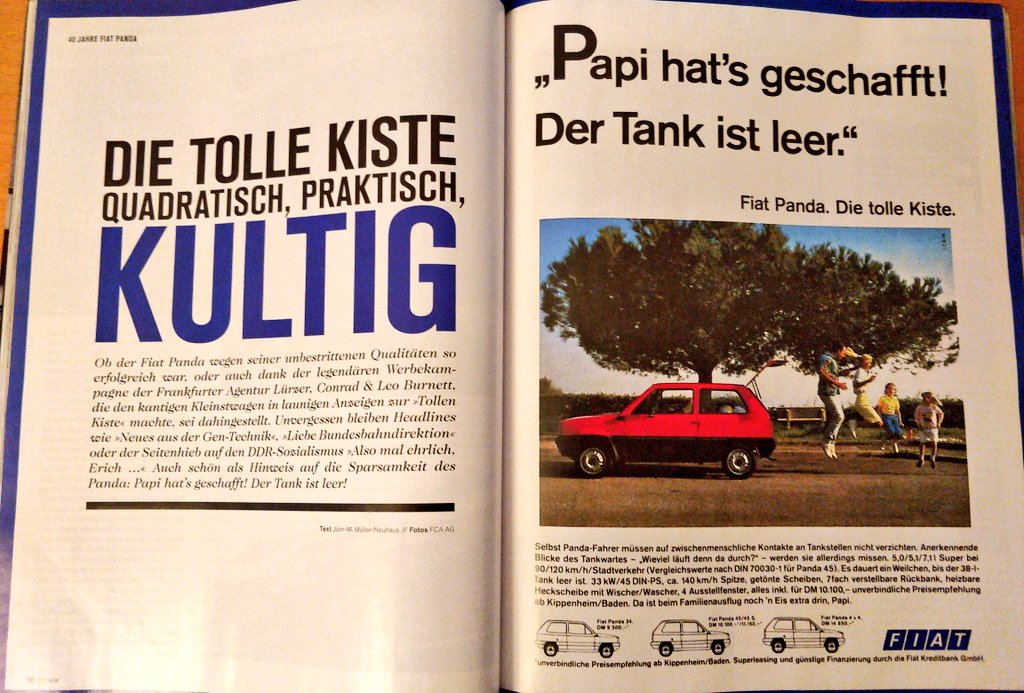 SconeVoyage's tweet photo. Dad's car zine subscription finally paid off. 8 pages long special about the #FiatPanda turning 40. Second pic reads "Fiat Panda. The awesome box". And with that, folks, #DriveBoxfully @thealso https://t.co/VlZQSTSROS