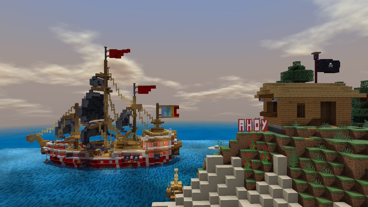よる マリン船長のマイクラ配信嬉しい 再掲ですがminecraftでマリン船長の海賊船を作りました 後ろの旗は3期生カラーです マリンのお宝