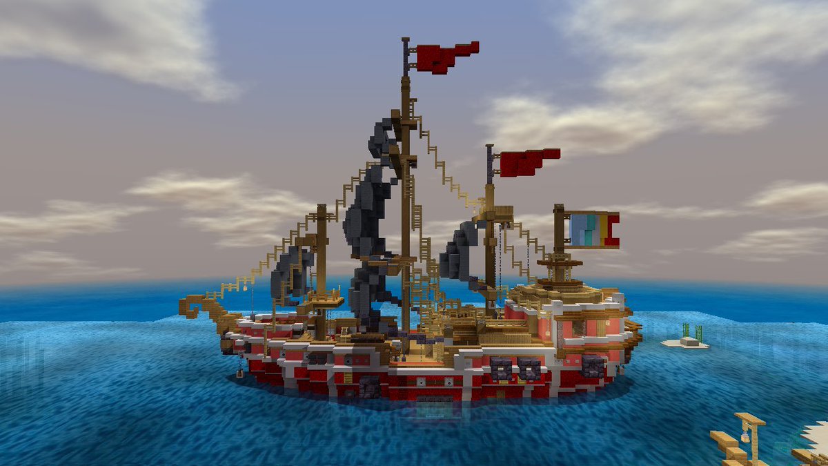 よる マリン船長のマイクラ配信嬉しい 再掲ですがminecraftでマリン船長の海賊船を作りました 後ろの旗は3期生カラーです マリンのお宝