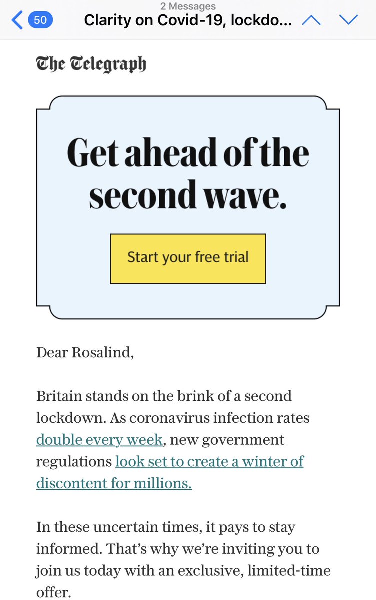 Alarmist marketing from <a href="/Telegraph/">The Telegraph</a> - this kind of communication does not make me in any way inclined to pay to read your articles. Responsible journalism is the last you can do surely...#irresponsiblejournalism #ukmedia #covidhysteria