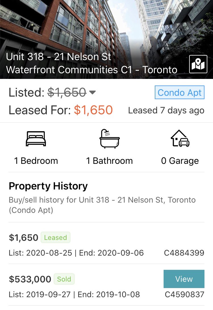 The Latest in Toronto rentAfter being bought for $533K in 2019, this “investor” just leased the unit for $1650/monthMinimum $1100/month in negative cash flow, even with a 1.99% rateWho can sustain $13K/year in negative cash flow in hopes of appreciation? (~1% of condo val)