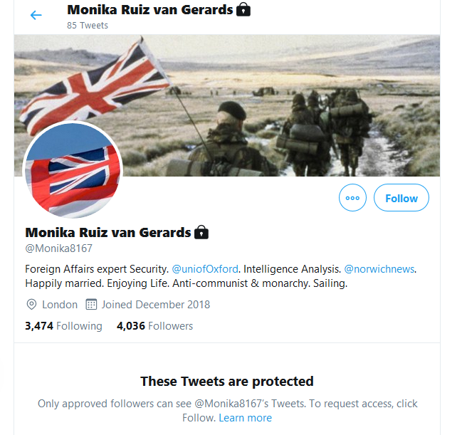 "Monika" has been following this thread closely. She has now protected her tweets and removed the claim to be a "wines lover" and the broken link on her profile. Now she's "Anti-communist & monarchy."