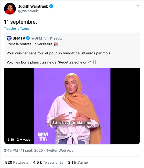 On découvre que BFMTV a proposé une pastille vidéo dans laquelle une étudiante portant hijab explique ses recettes de cuisine (très) économiques grâce à un tweet de Judith Waintraub  @jwaintraub, publié à 15h46, très partagé. L’allusion est claire, et l’amalgame aussi 