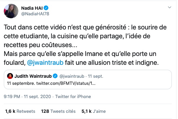 Beaucoup s’en émeuvent, notamment la ministre déléguée chargée de la Ville Nadia Hai  @NadiaHAI78, à 21h19 