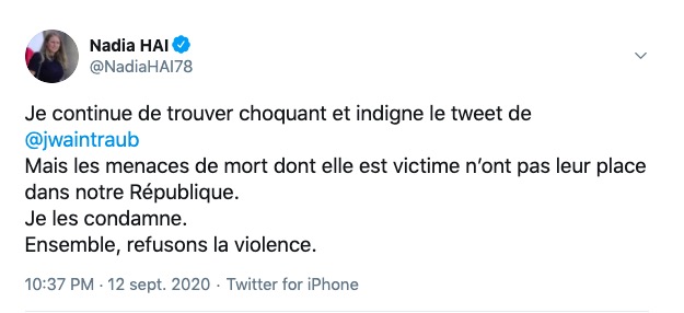 Puis de nombreux comptes évoquent des menaces de mort sur la journaliste. Beaucoup de personnalités, y compris  @NadiaHAI78, dès le lendemain matin, marquent leur légitime, nécessaire et indiscutable solidarité avec elle.