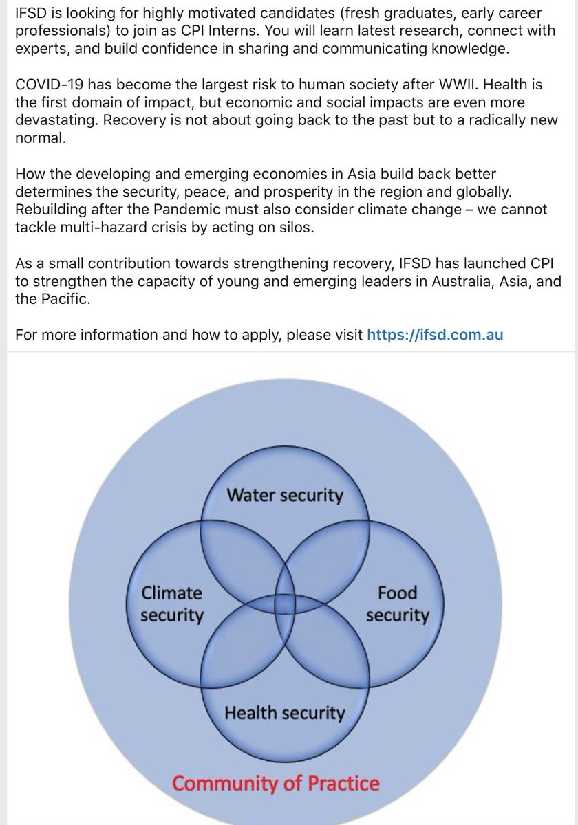 Time to get serious about #healthsecurity in this time of #dovid19, building on our work on #watersecurity, #foodsecurity, and #climateriskmanagement. This time supporting new leaders and young professionals. Please pass on this call.
