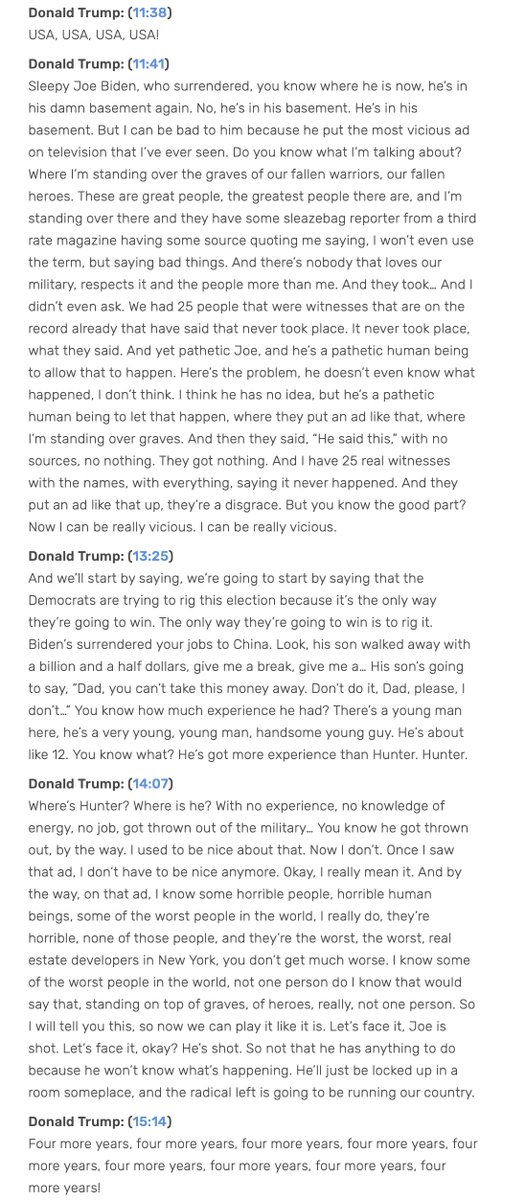 3/  #Presidementia  #TrumpDoesntCare  #TrumpRallyMinden - Trump  #coronavirus Super Spreader: Trump wanders into perfidious insult & slander, denying his deplorable comments about the military, attacking Hunter & saying Joe should be locked up.