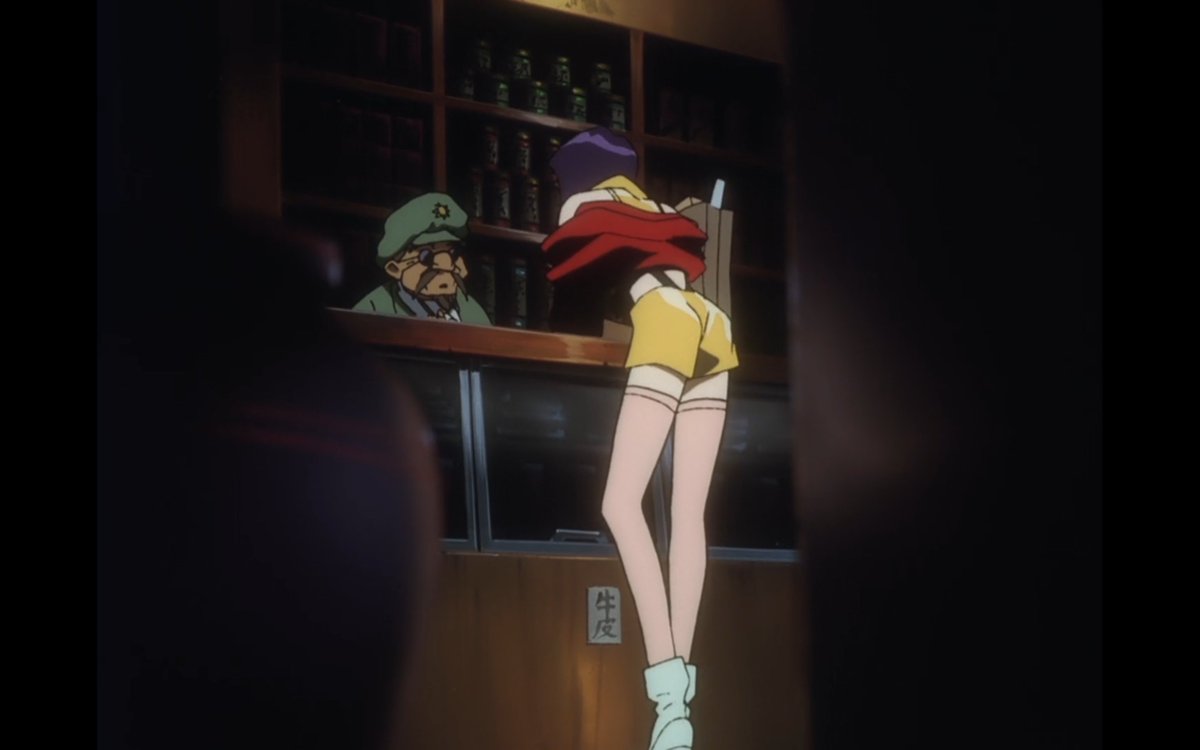 The mystery and nearly quiet visuall with only the stepping over her heels being heard over the stone floor of the drugstore is such a delicate and clever detail as the sound we hear is this reflection of her cool nature. As well as her sunglasses id say.