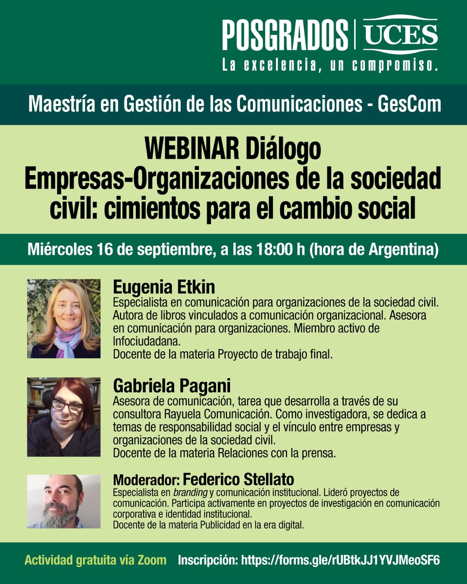 universidaduces's tweet photo. #UCESPosgrados 🎓 | WEBINAR DIÁLOGO EMPRESAS-ORGANIZACIONES DE LA SOCIEDAD CIVIL: CIMIENTOS PARA EL CAMBIO SOCIAL
🎤 Eugenia Etkin
🎤 Gabriela Pagani
📆 Miércoles 16 de septiembre
⏰ 18:00 hs.
💻 Zoom
🔗 Inscripción: https://t.co/4o5GGVgyKr https://t.co/F79STPbj47