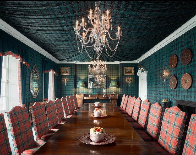 Imagine celebrating Christmas or the New Year in this dining room! Tartan tented romance galore at Candacraig. This pale pink castle, in Cairngorms National Park, is an hour from Aberdeen airport and is still available for exclusive hire on our website. 
#candacraig #christmas