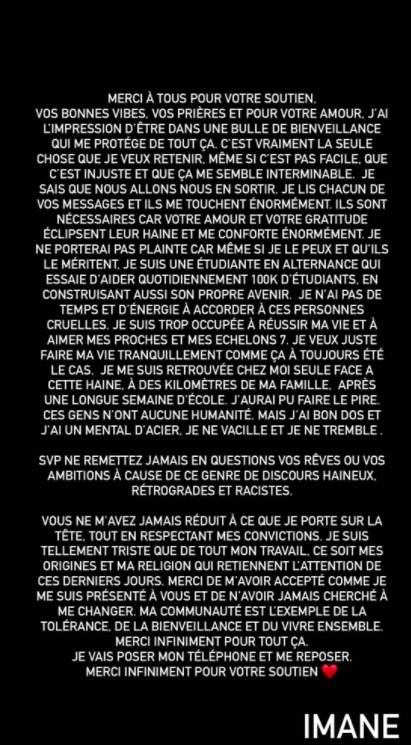 Post-scriptum : le texte écrit par  #Imane, l'étudiante harcelée, insultée et menacée, sur son compte Instagram  @GDarmanin