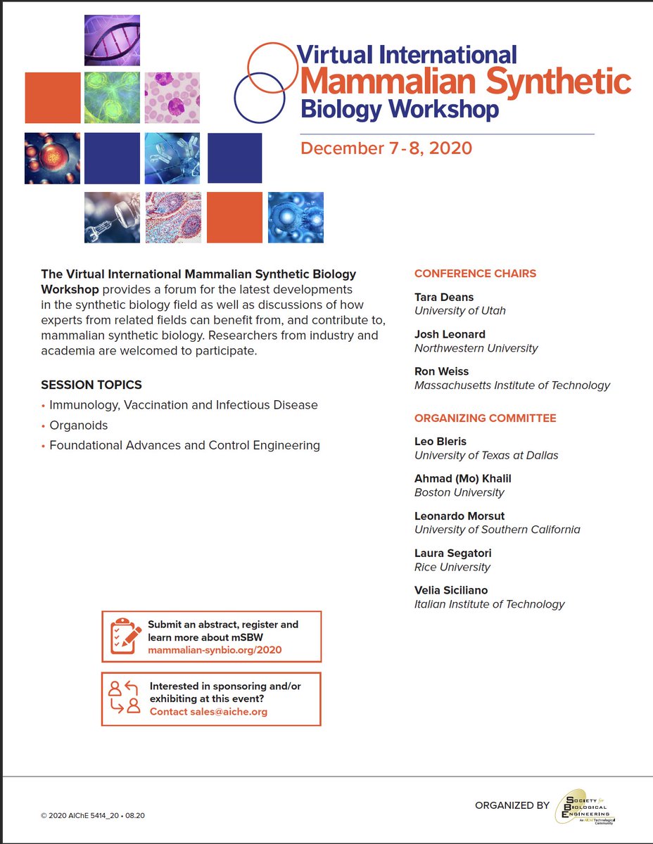 Please join us for the Virtual International Mammalian Synthetic Biology Workshop (Dec. 7-8, 2020) by submitting an abstract here: aiche.confex.com/aiche/vmsbw20/…… and registering here: mammalian-synbio.org/2020/registrat…….