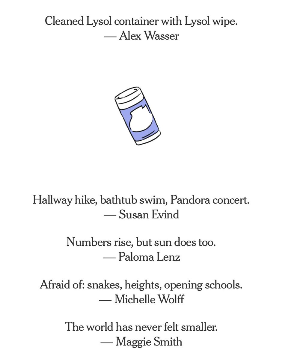 The pandemic in 6-word memoirs, including:

- "Home ec: rationing butter, bourbon, sanity."

- "Required school supplies: screens, screens, screens."

- "This is what time looks like."

- "Avoiding death, but certainly not living."

nytimes.com/2020/09/11/opi…