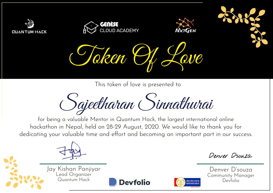 kokkisajee's tweet image. Glad to be a mentor to young entrepreneurs in #quantumhack great initiative by  @Quantum_Hack
 I&apos;m not sure if i deserve this token of love! But definitely it 
was a fun experience!

#nepalcloudpro #genesecloudacademy #dogmagroup #microsoft #hackathon