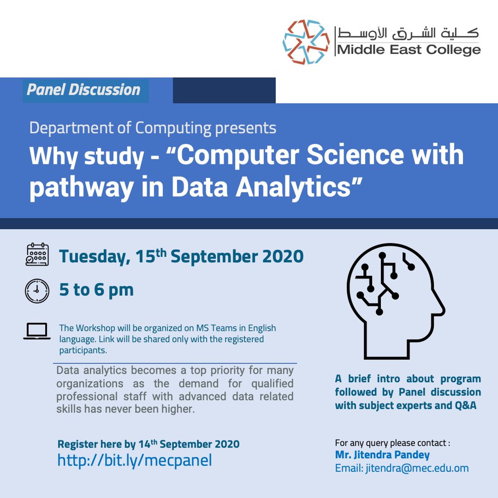 MEC_Oman's tweet image. Be a part of our #Panel_Discussion why study - #Computer_Science with pathway in #Data_analytics 
 
Register Now ⤵️

bit.ly/mecpanel

Read more about our #computing programmes ⤵️

bit.ly/2FZ4Jkp