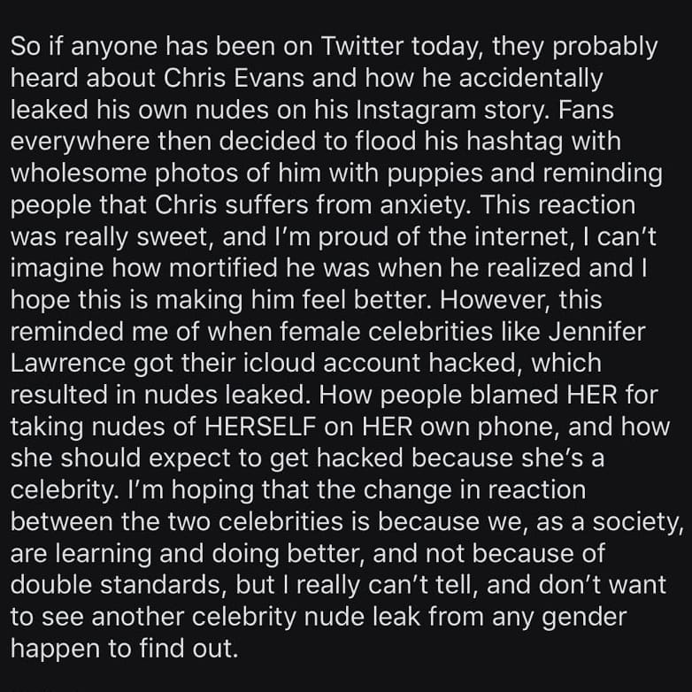 priyarameshhh's tweet photo. I loved the way how people are supporting #ChrisEvans with so much positivity and love to keep his mental health in sound state. I really wish and hope that if a girl's nudes are leaked unintentionally, we people will help her in the same way instead of just slut shaming her!🤞❤️ https://t.co/Z8h6inenun