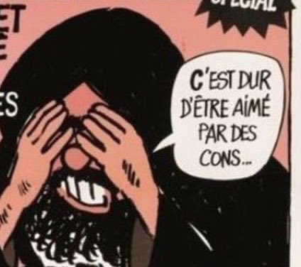 -  #Cabu then made  #Mahomet say: "It's hard to be loved by idiots", specifying that fundamentalists - that is to say, Shiite or Sunni Islamists, Salafists, the Muslim Brotherhood - were idiots .What is abnormal on the front page of a satirical newspaper ?